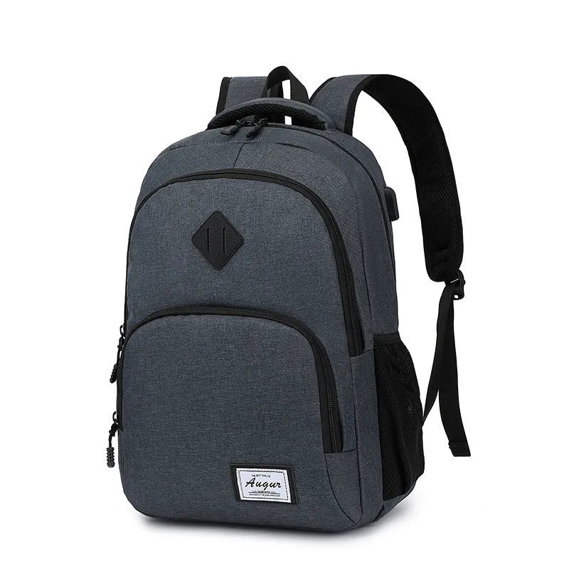 Grey nylon backpack with USB charging port showing dimensions 32cm length by 46cm height