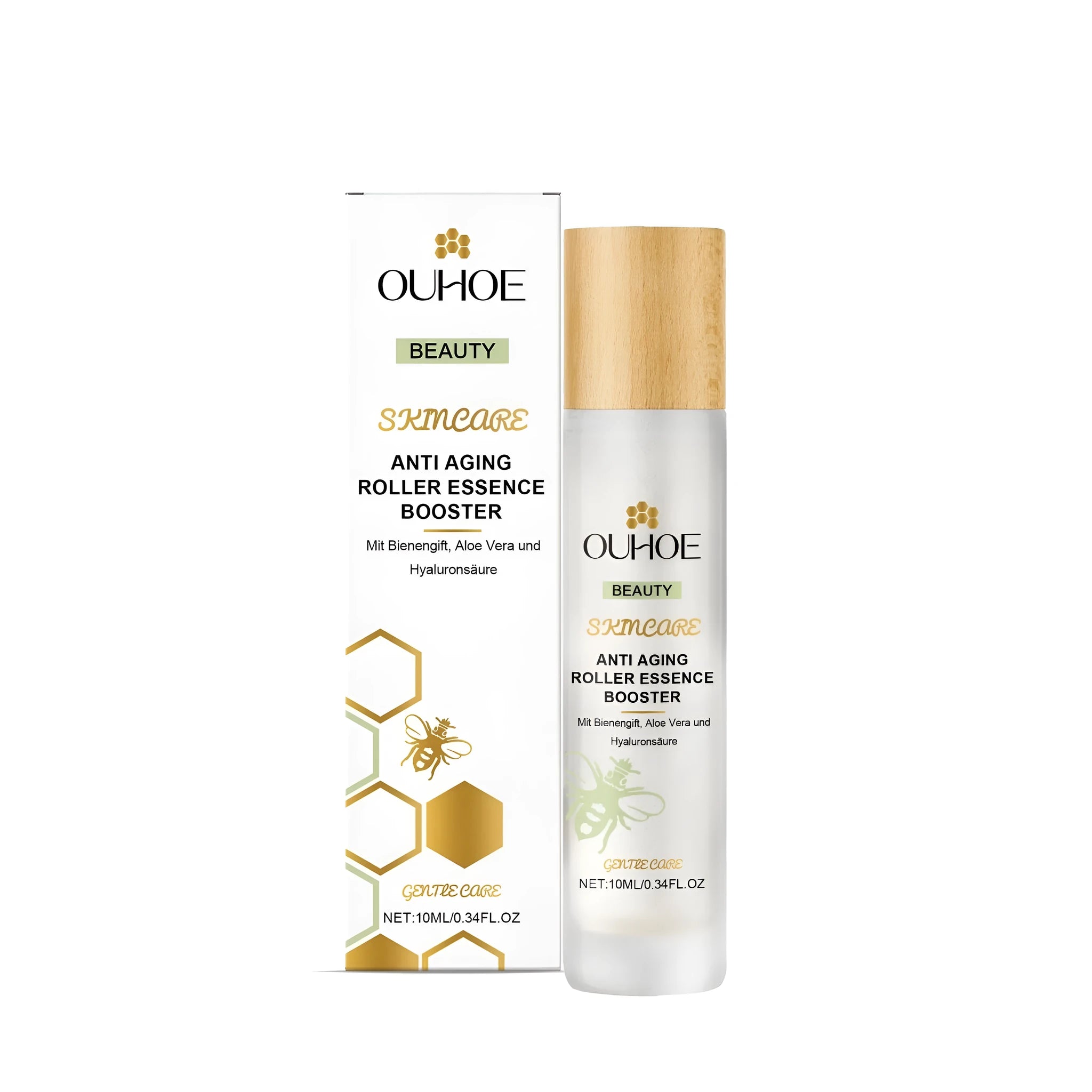 10 ml ball applicator containing anti-aging evening gel with bee venom and hyaluronic acid.