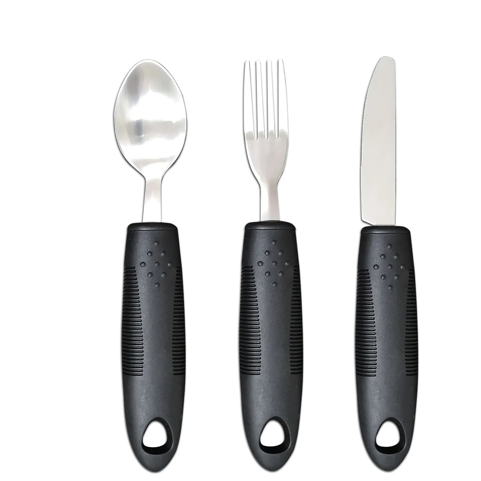 Stainless steel adaptive eating utensils with rubber anti-shake handles for elderly dining assistance