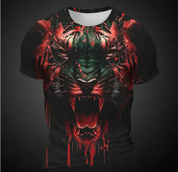 Men's 3D tiger pattern printed T-shirt in polyester bird eye cloth fabric with short sleeves