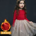 Children's long sleeve cotton Christmas princess dress in red with lace and bow details