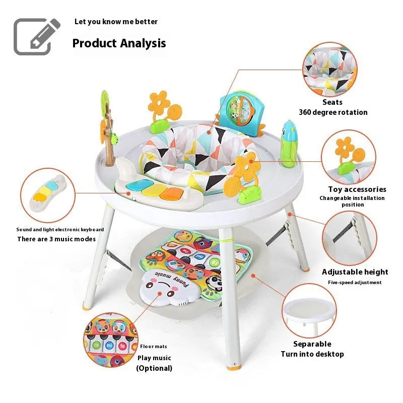 Baby bouncing in three-in-one jumping chair with gymnastic rack and interactive toys
