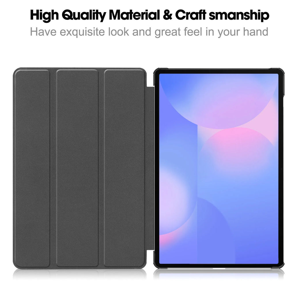 Samsung Tab S10 FE Plus 13.1-inch leather tri-fold stand case in black colour, showing front and back views.