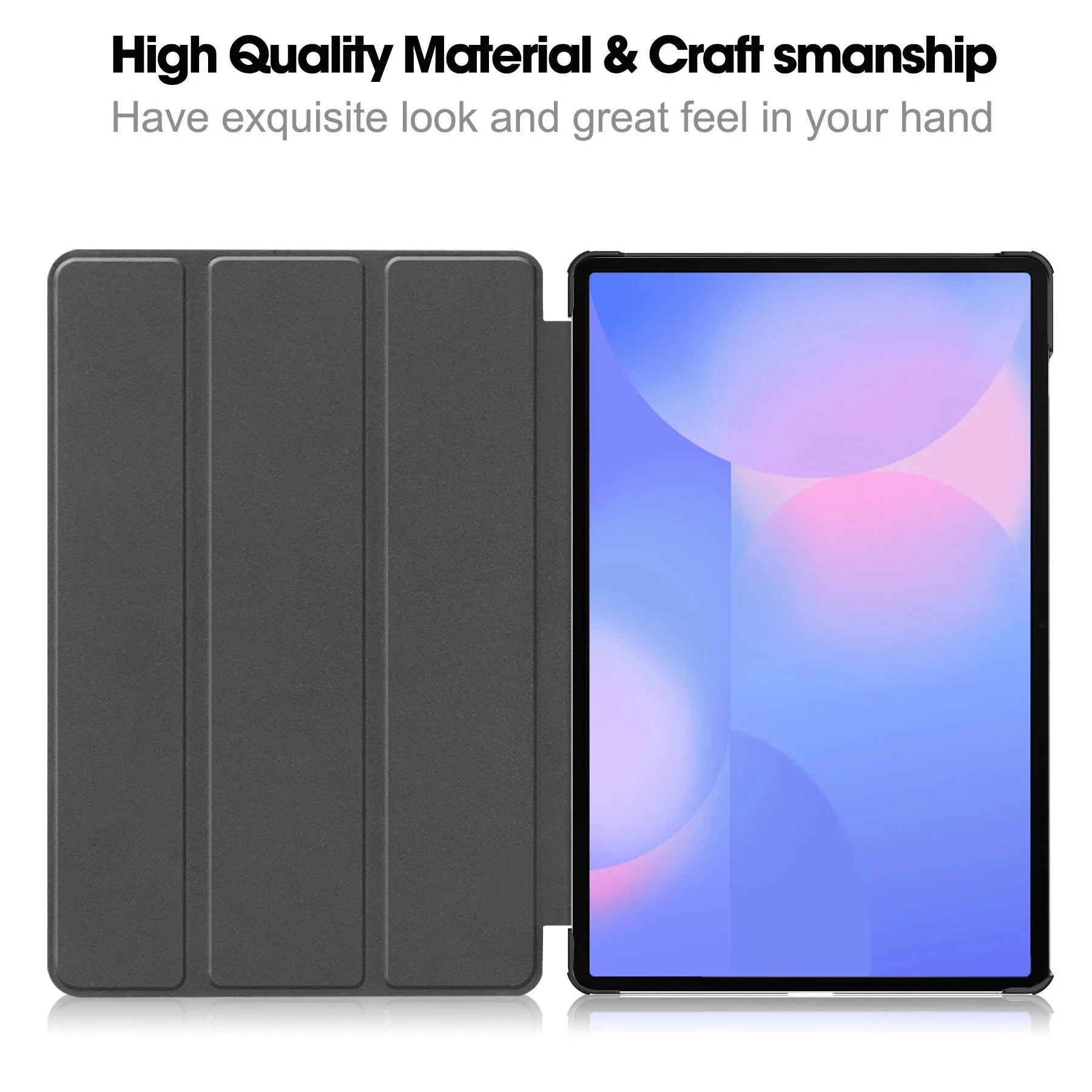 Samsung Tab S10 FE Plus 13.1-inch leather tri-fold stand case in black colour, showing front and back views.
