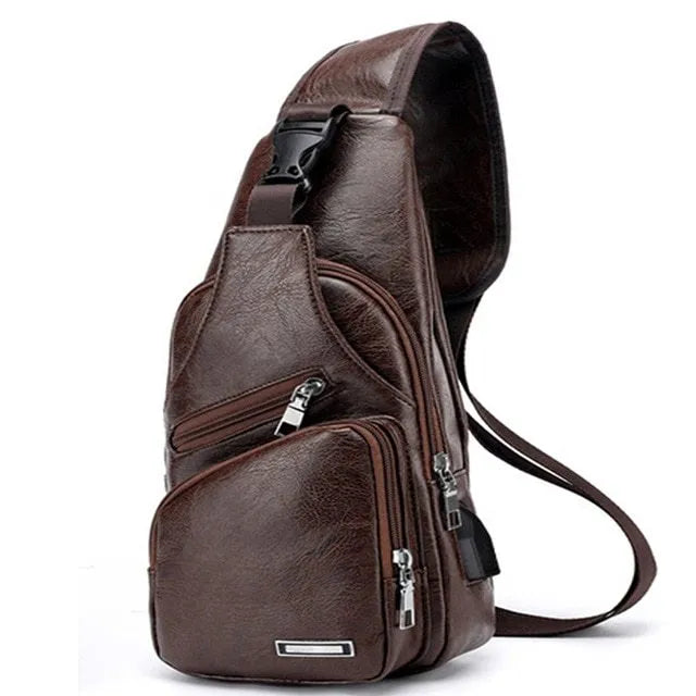 Waterproof one-shoulder messenger bag in black PU fabric, 17x35x6cm, with main and secondary pockets