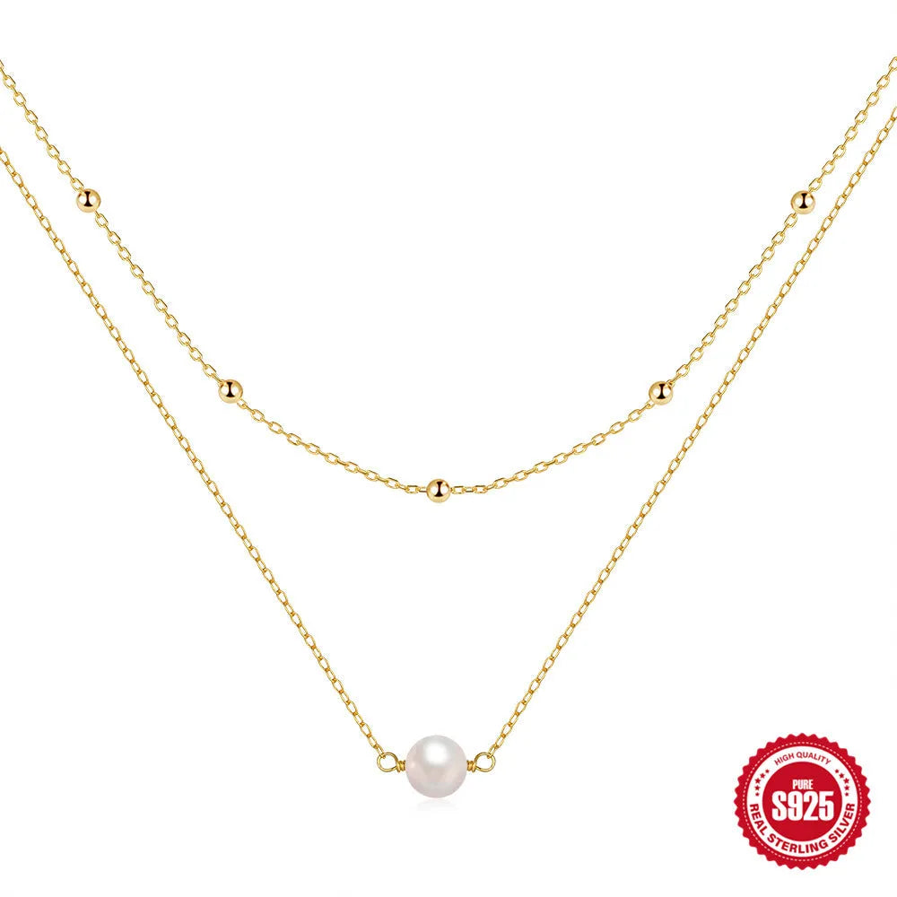 S925 sterling silver double layer women's necklace with twin pearls on geometric ball bead chain in gold colour