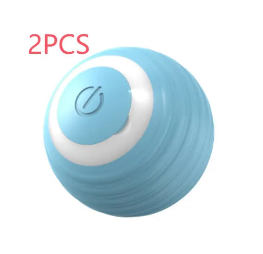 Blue automatic moving cat toy ball with USB charging cable on floor