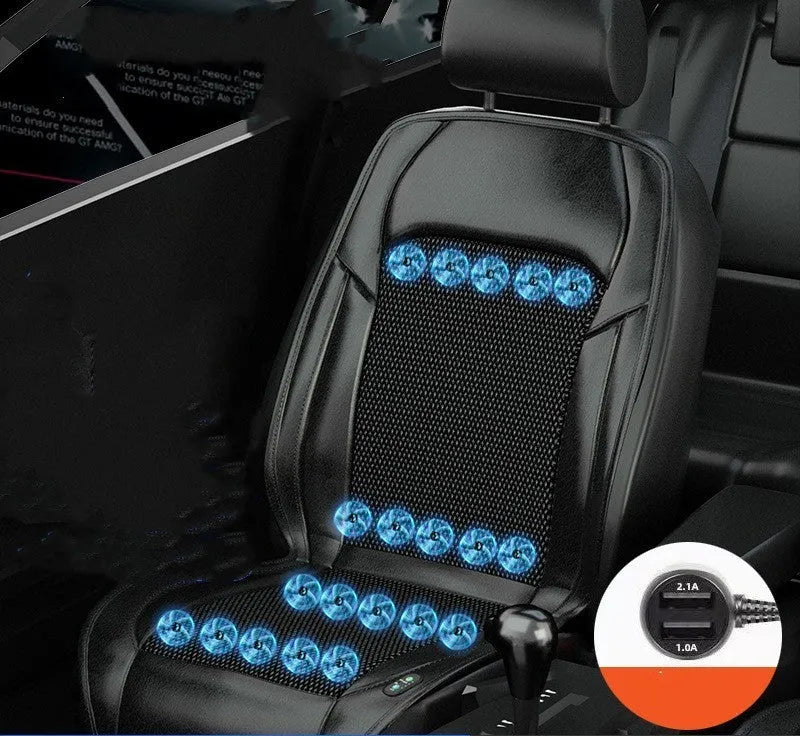Black ventilated car seat cushion with multiple cooling fans, plugged into a 12V car socket.