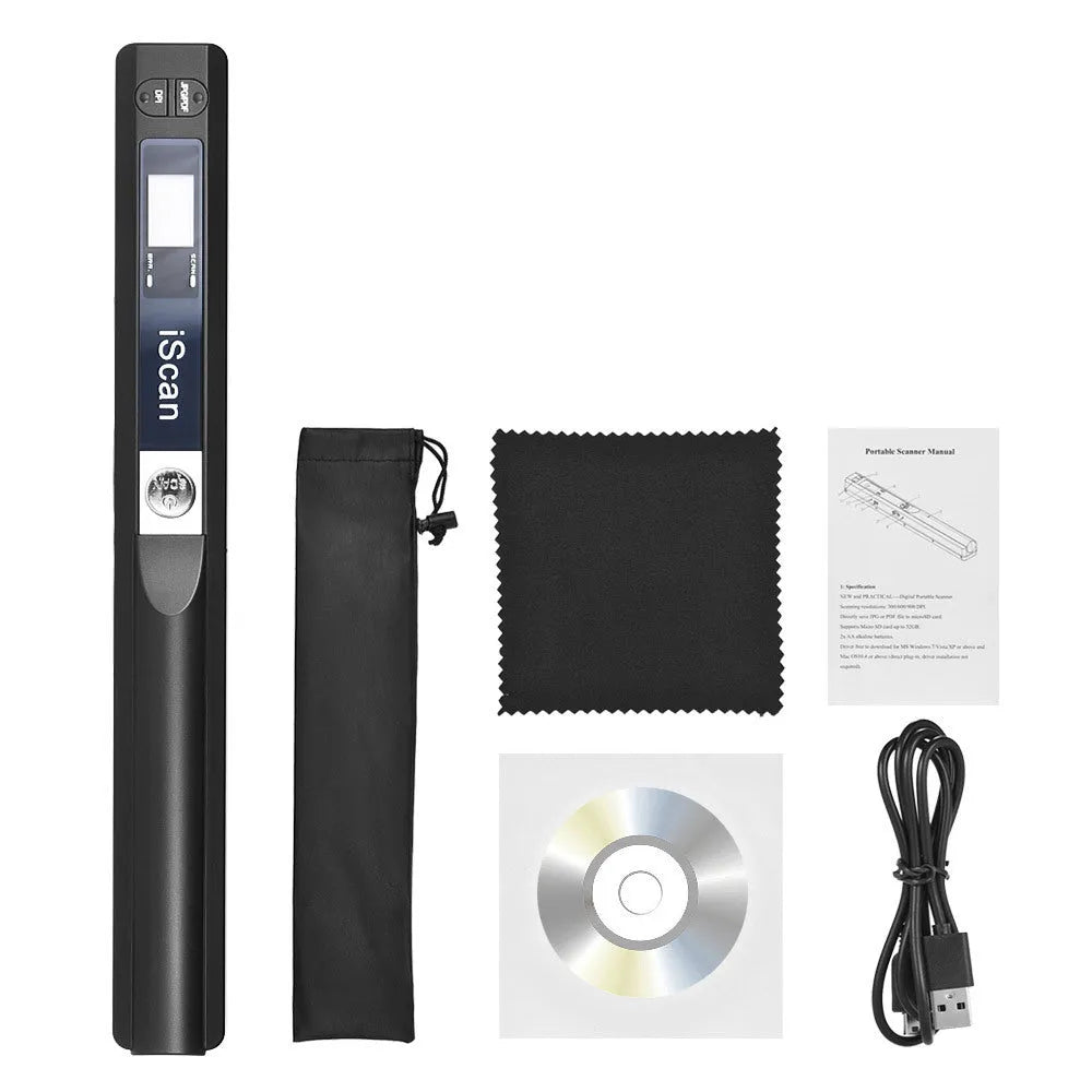Handheld USB barcode scanner with plastic housing in five colour options on a desk