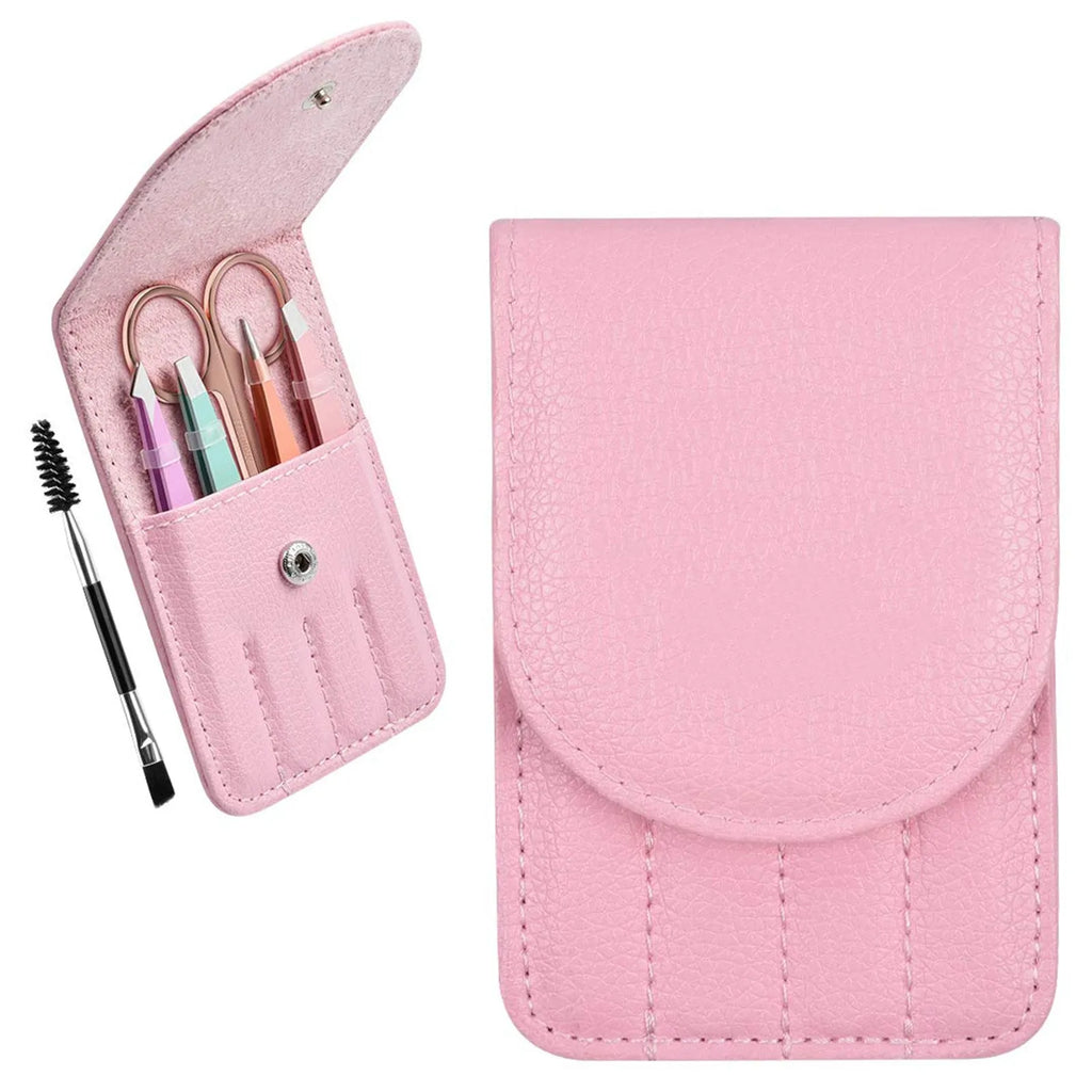 Professional 6-piece stainless steel eyebrow tweezers set with curved scissors and leather protective case
