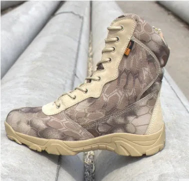 Waterproof nylon camouflage boots in green mango pattern with black accents for outdoor wear