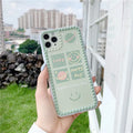 Green TPU iPhone case with polka dot frame and colourful smiley face geometry patterns