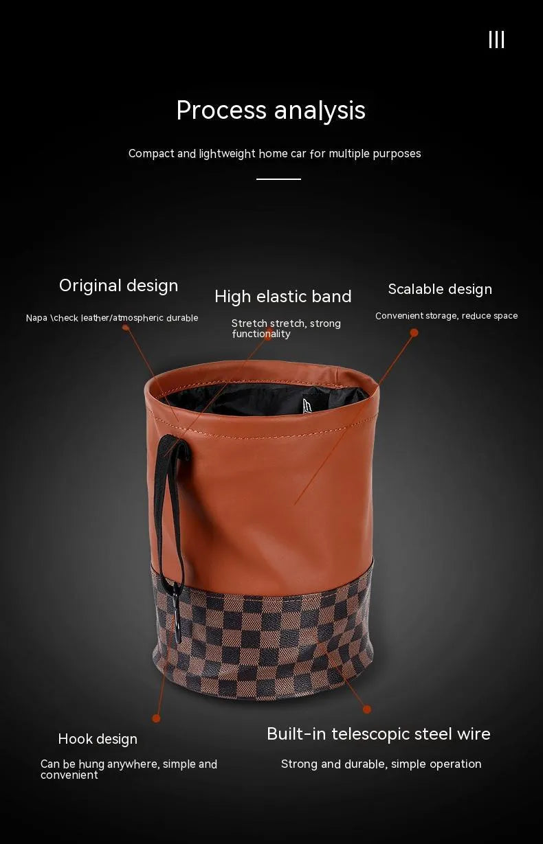 Retractable leather car interior trash can shown in available colour with folding handle design