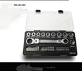Two-way ratchet wrench set with dual-purpose handle, 10 sockets, and 3 bit heads laid out on a surface.