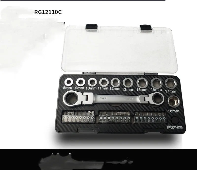 Two-way ratchet wrench set with dual-purpose handle, 10 sockets, and 3 bit heads laid out on a surface.