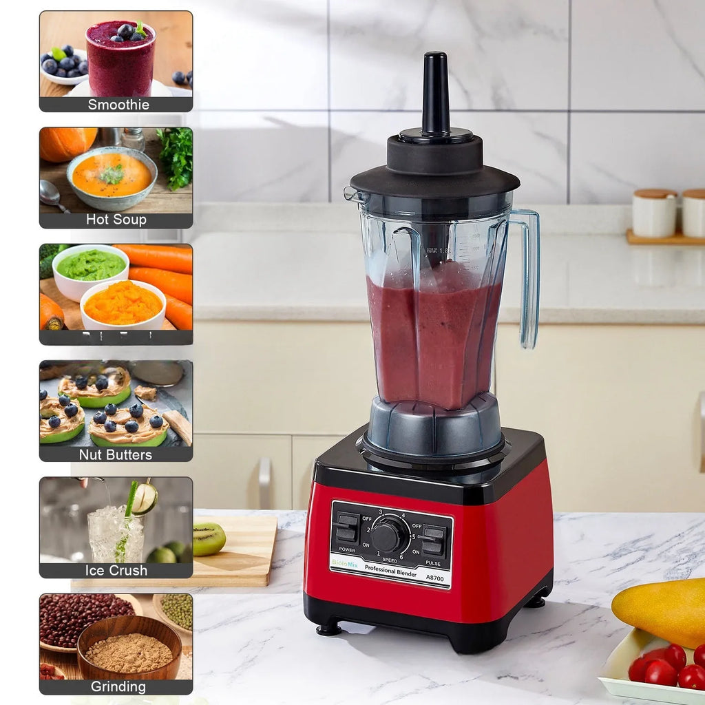 Red industrial-style commercial blender with 2200W motor and 2-litre capacity.