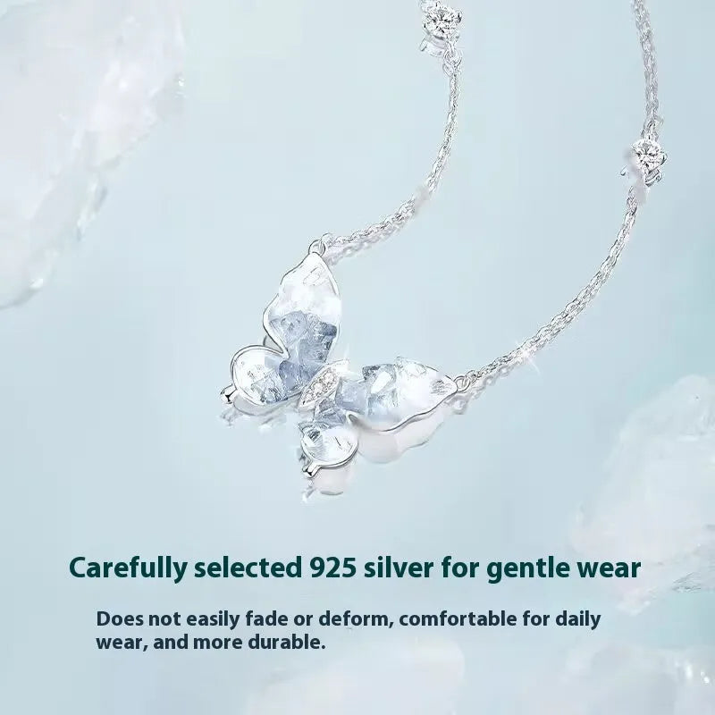 S925 silver butterfly necklace with electroplated ice rain pendant on adjustable O-ring chain