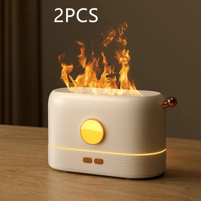 Black USB desktop humidifier diffuser with simulation flame effect and 200ml water tank.