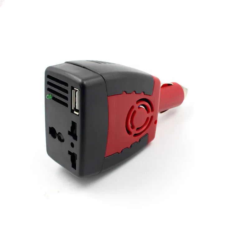 Black and red 150W car inverter with USB output, measuring 115 x 65 x 41mm
