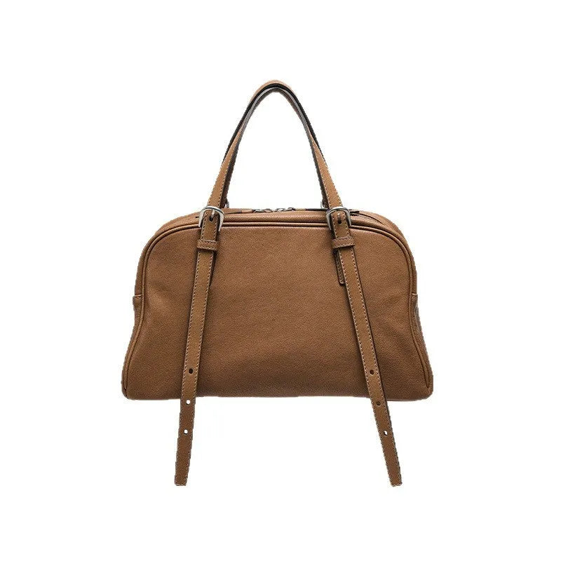 Genuine leather retro shoulder bag in horizontal square shape with double straps