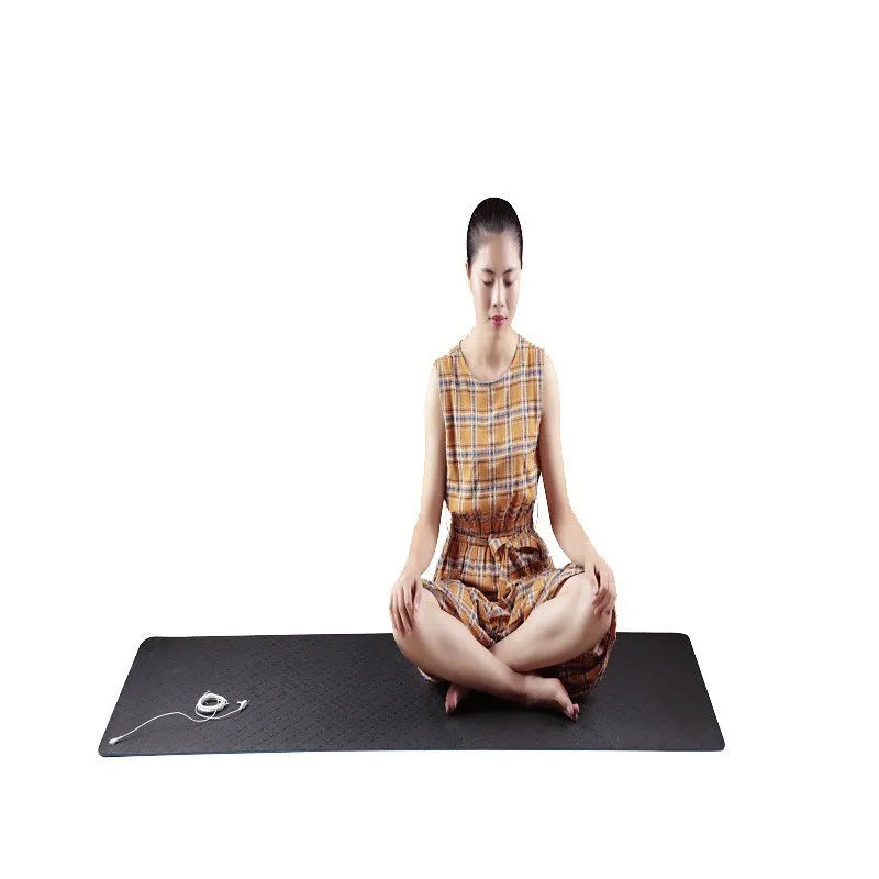 Blue conductive yoga mat with plants pattern and grounding wire, dimensions 182x61cm.