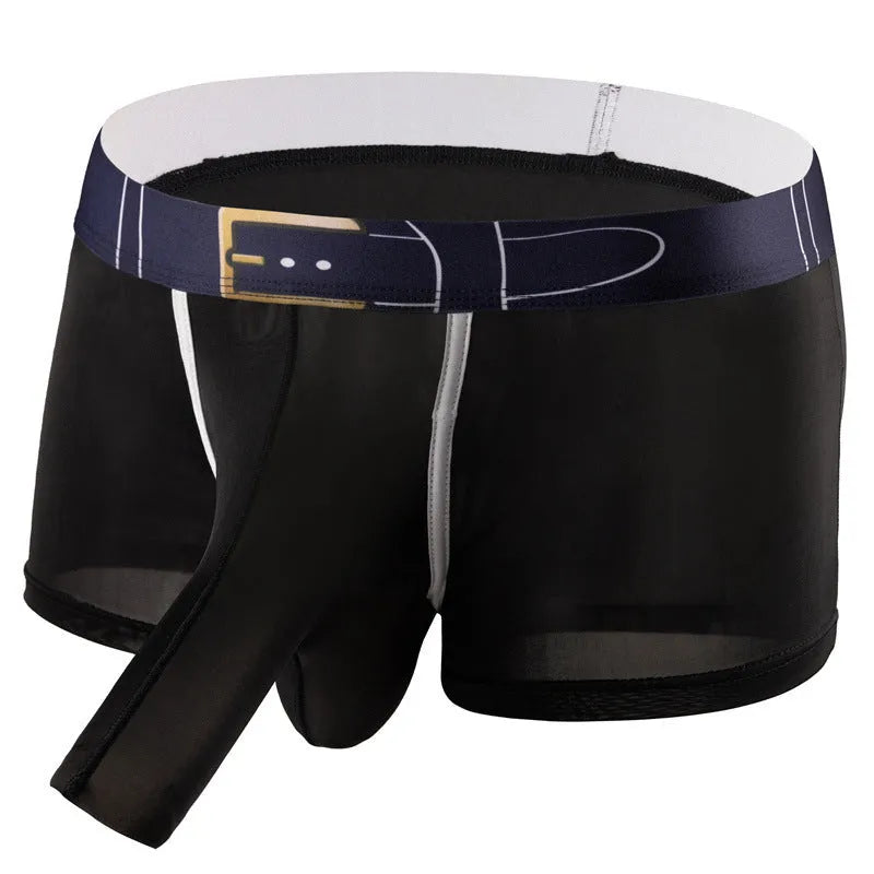 Men's solid colour ice silk boxer shorts in blue, shown on a mannequin, demonstrating the mid waist fit.