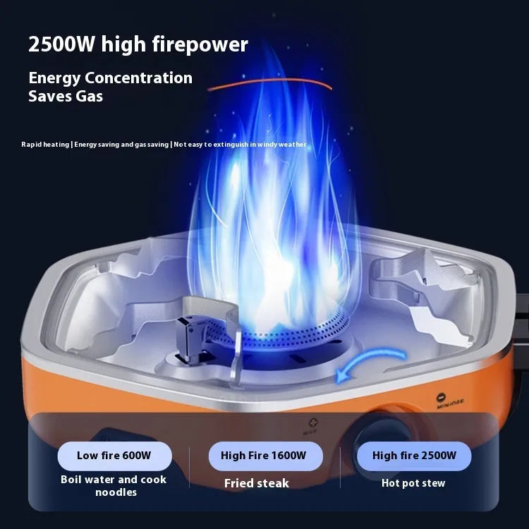 Orange portable double-headed butane camping gas stove folded and open on grass