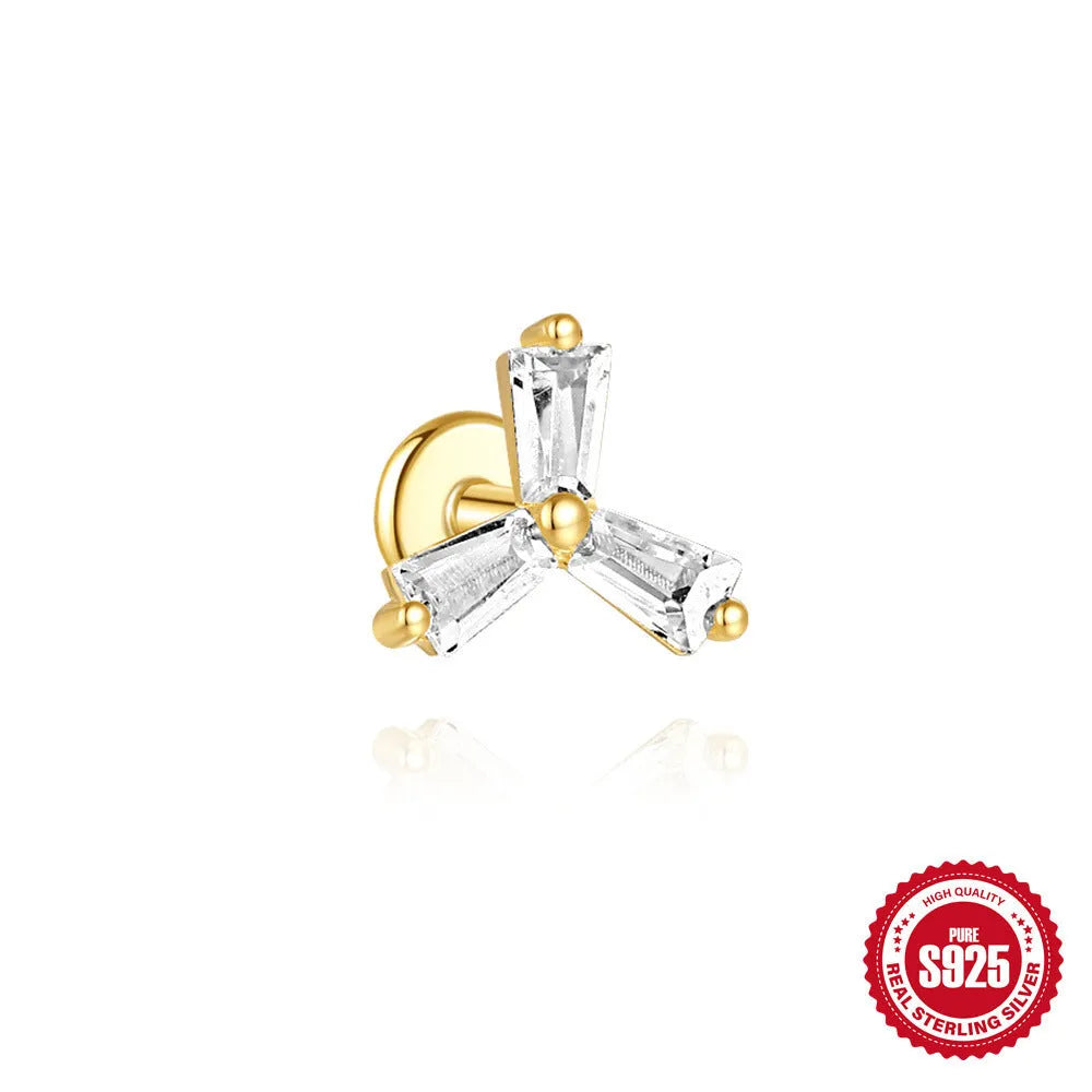 Golden geometric sterling silver earrings with zircon details for double piercings