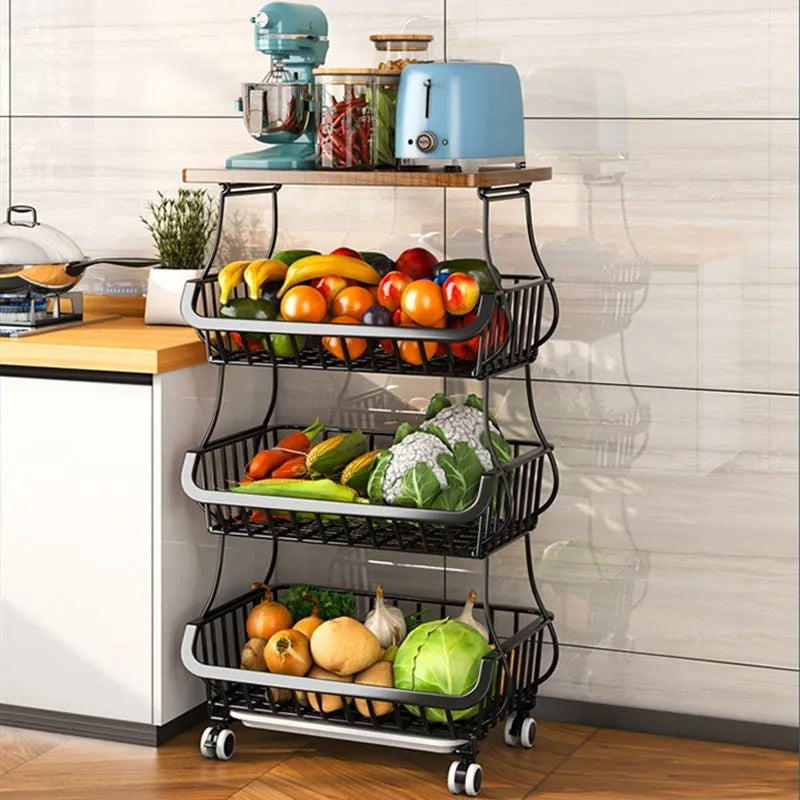 Black six layer freestanding kitchen storage rack with floor trolley base