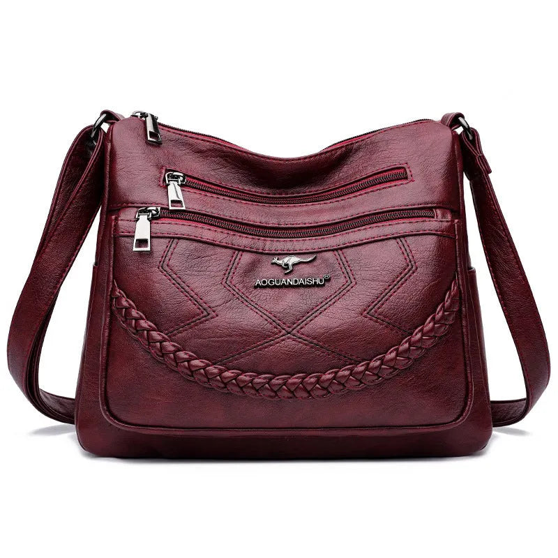 Soft PU leather shoulder bag in horizontal square shape with large capacity and zippered compartments