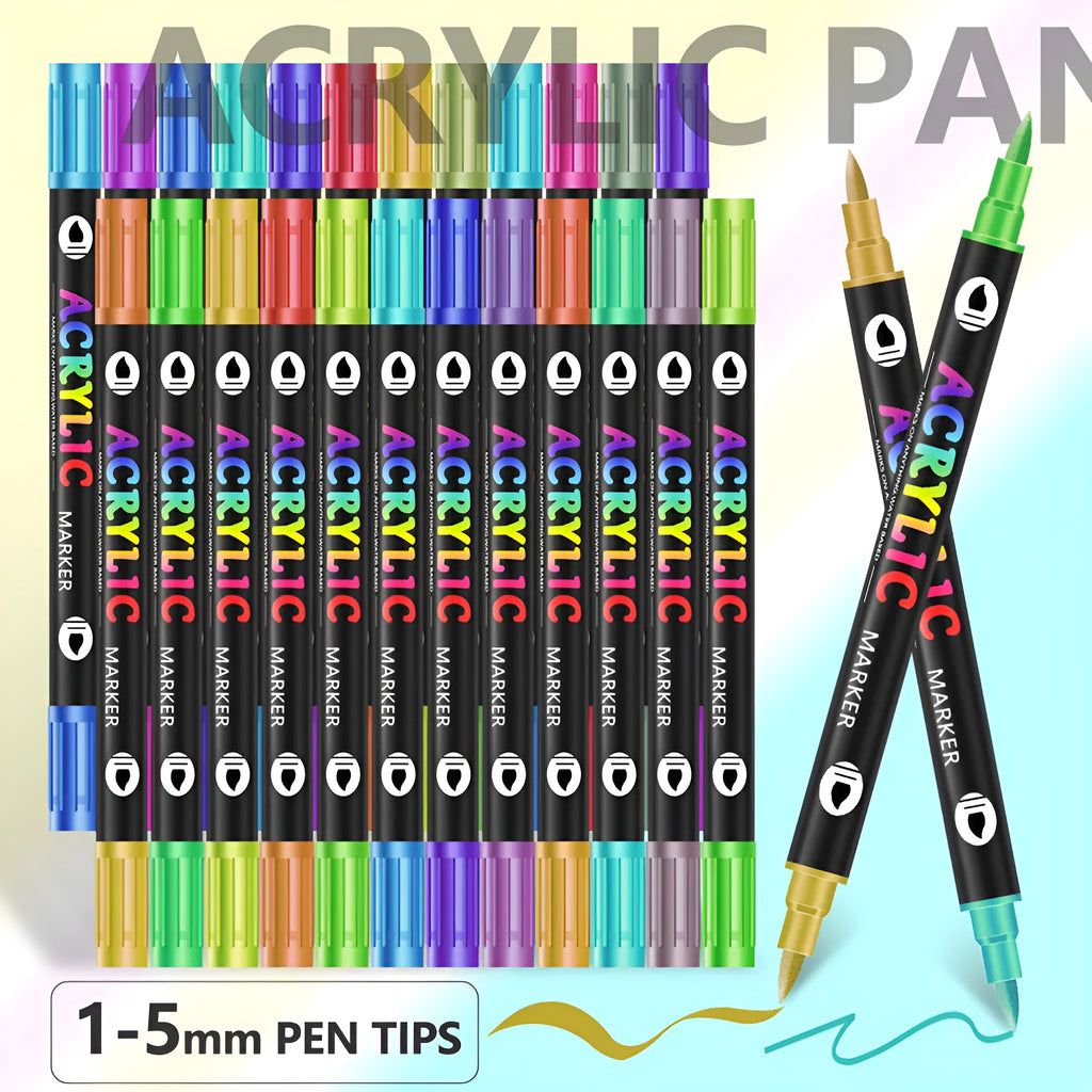 Set of double-ended acrylic marker pens with washable opaque ink, showing various colours.