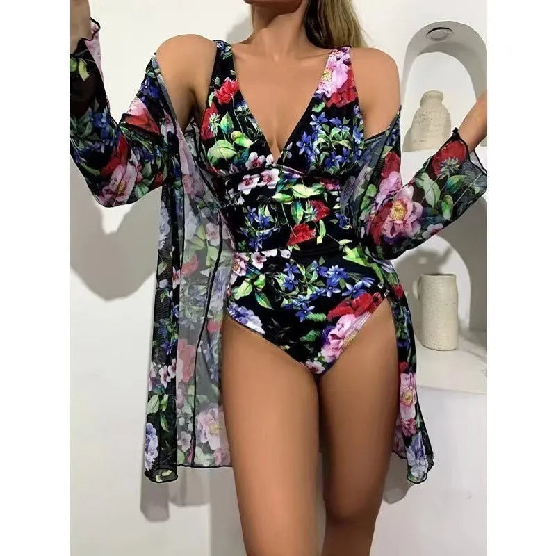 Women's floral bikini three-piece suit with matching coat in seven colour options