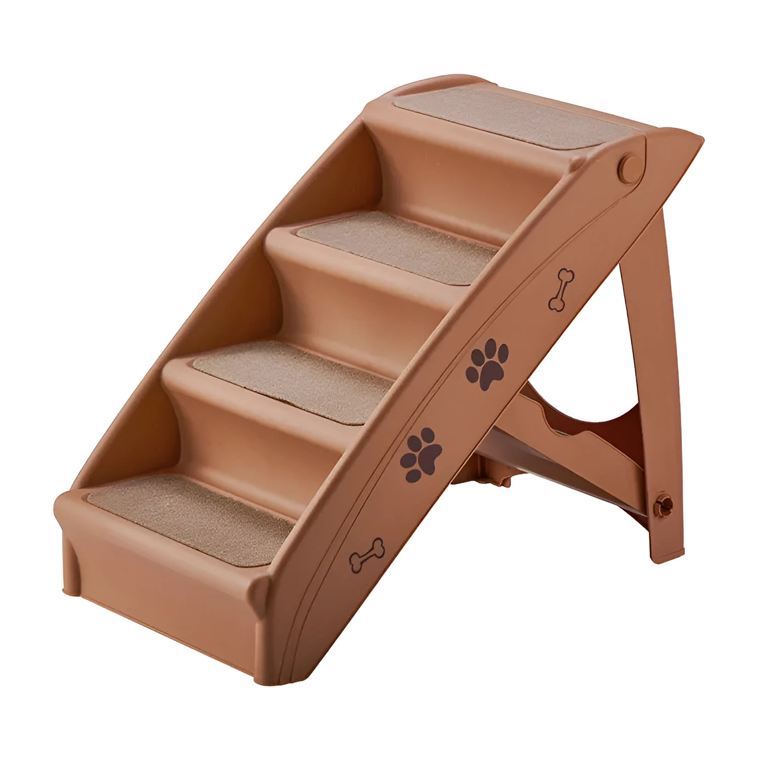 Foldable plastic pet step ladder in beige colour with non-slip mat, placed next to a sofa.
