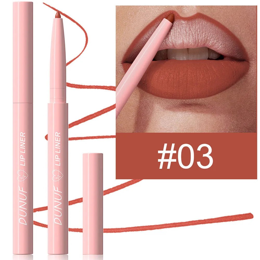 A single velvet matte lip liner pencil with 12 colour shade options shown, for precise lip definition.