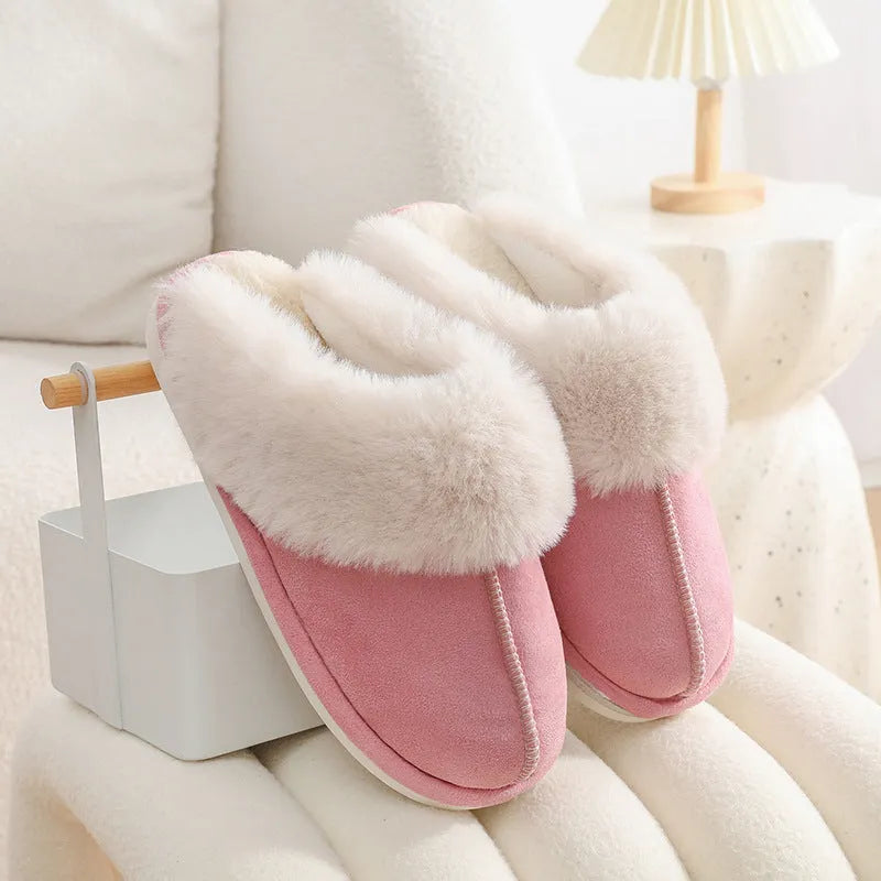 Women's winter plush slippers with artificial wool lining and non-slip PVC soles in various colours