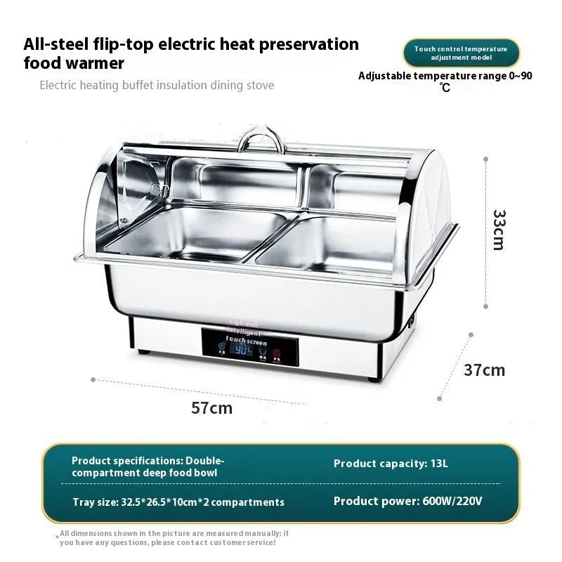 Stainless steel electric buffet stove with transparent flip-top lid and LCD temperature control display