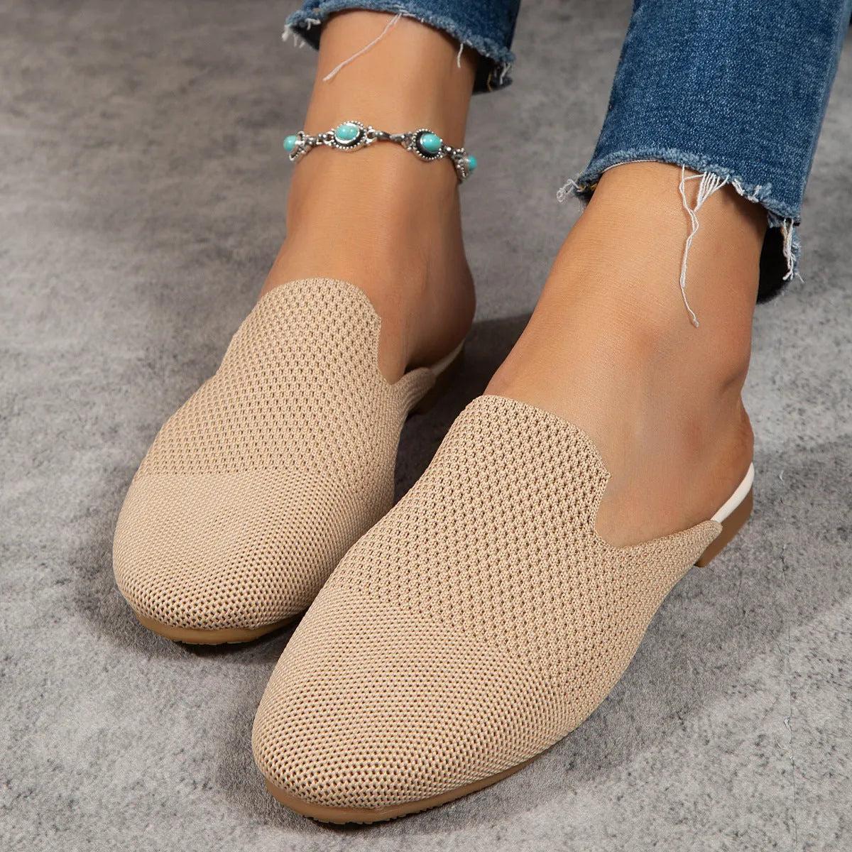 Apricot, blue, and green cloth mesh slip-on sandals with flat rubber soles