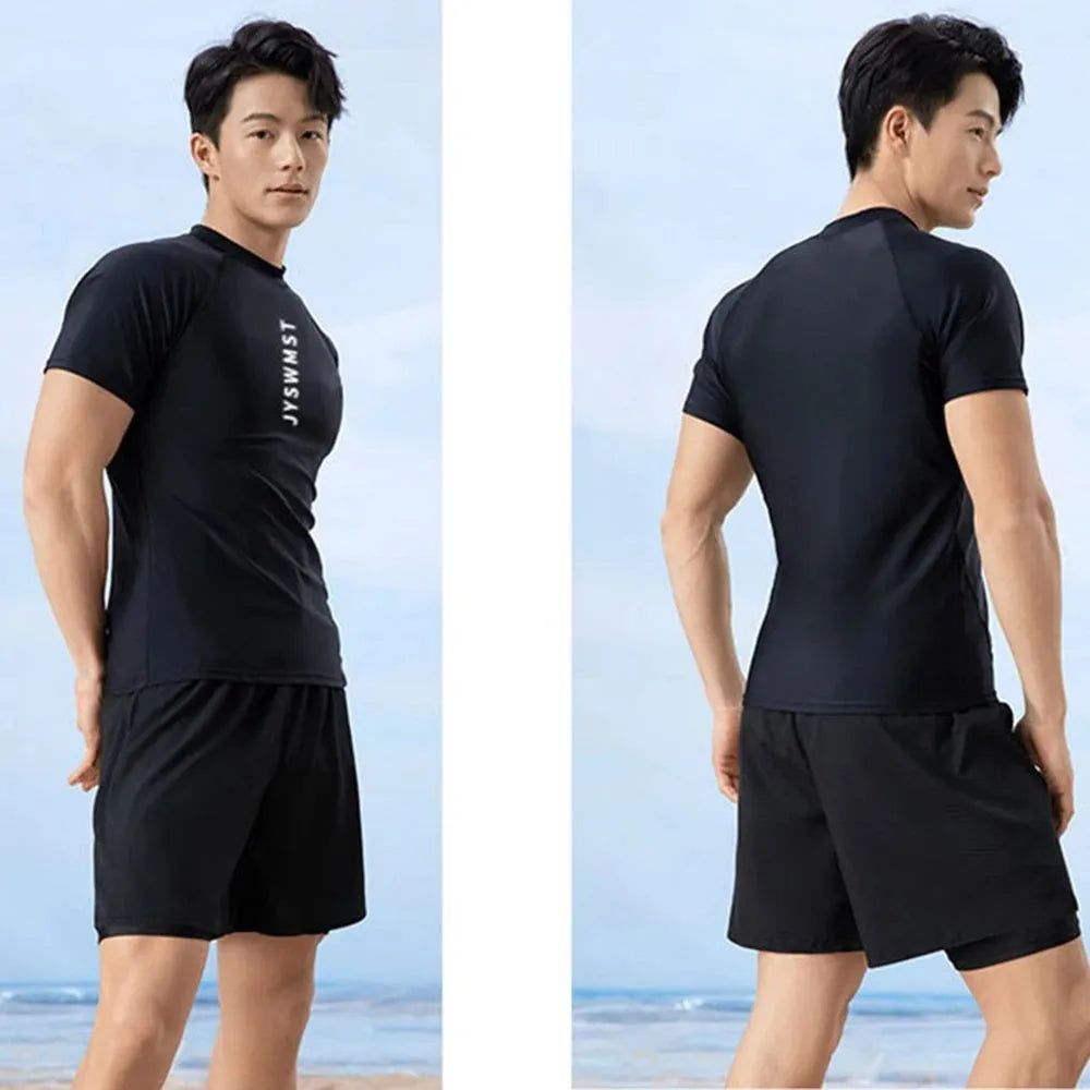 Men's two-piece polyester swim set showing short-sleeved swim top and matching trunks on a hanger.