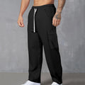 Men's straight-leg corduroy cargo trousers in navy blue with a drawstring waist.