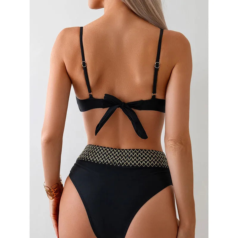 Black women's two-piece bikini swimsuit with a sleeveless top and split briefs.