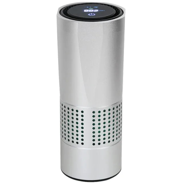 Aluminium alloy car air purifier with display screen, USB cable, suitable for cup holder use.