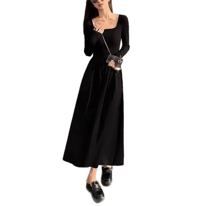 Women's square collar knitted dress with A-line silhouette and elastic waist in black or grey