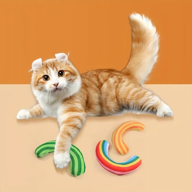 Striped pattern cat pillow toy with built-in catnip strip measuring 23x20cm