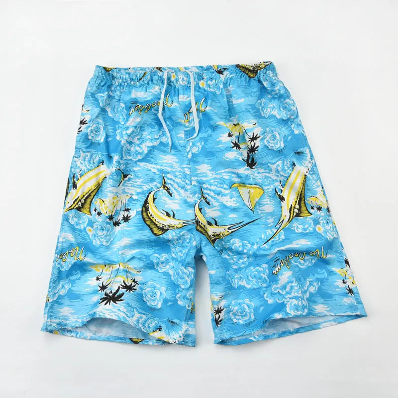 Men's printed five-point swimming trunks with floral pattern in polyester fabric