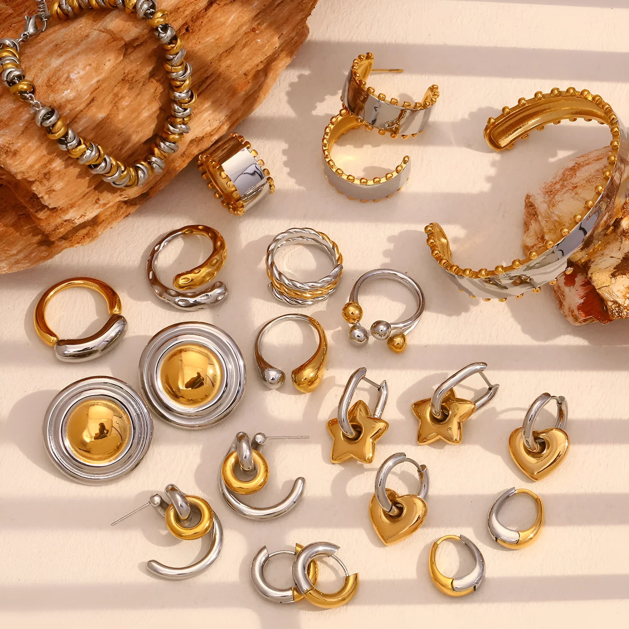 Geometric gold electroplated stainless steel jewellery set with earrings, bracelet and necklace