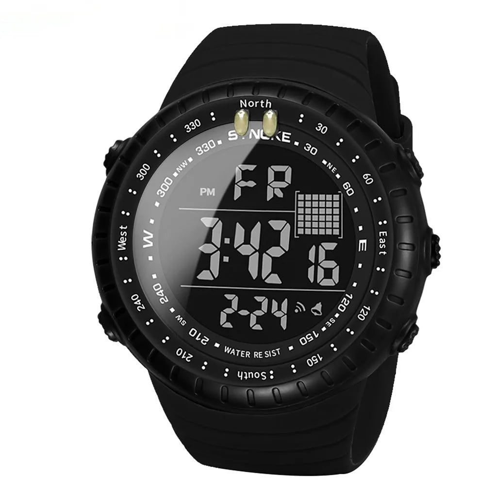 Black men's waterproof digital outdoor watch with large dial and adjustable PU strap