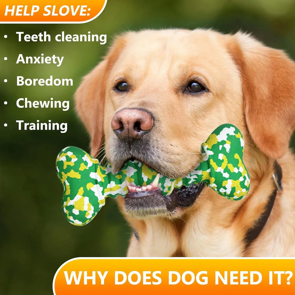 Green and white camouflage pattern natural rubber bone chew toy for large dogs on a wooden floor.