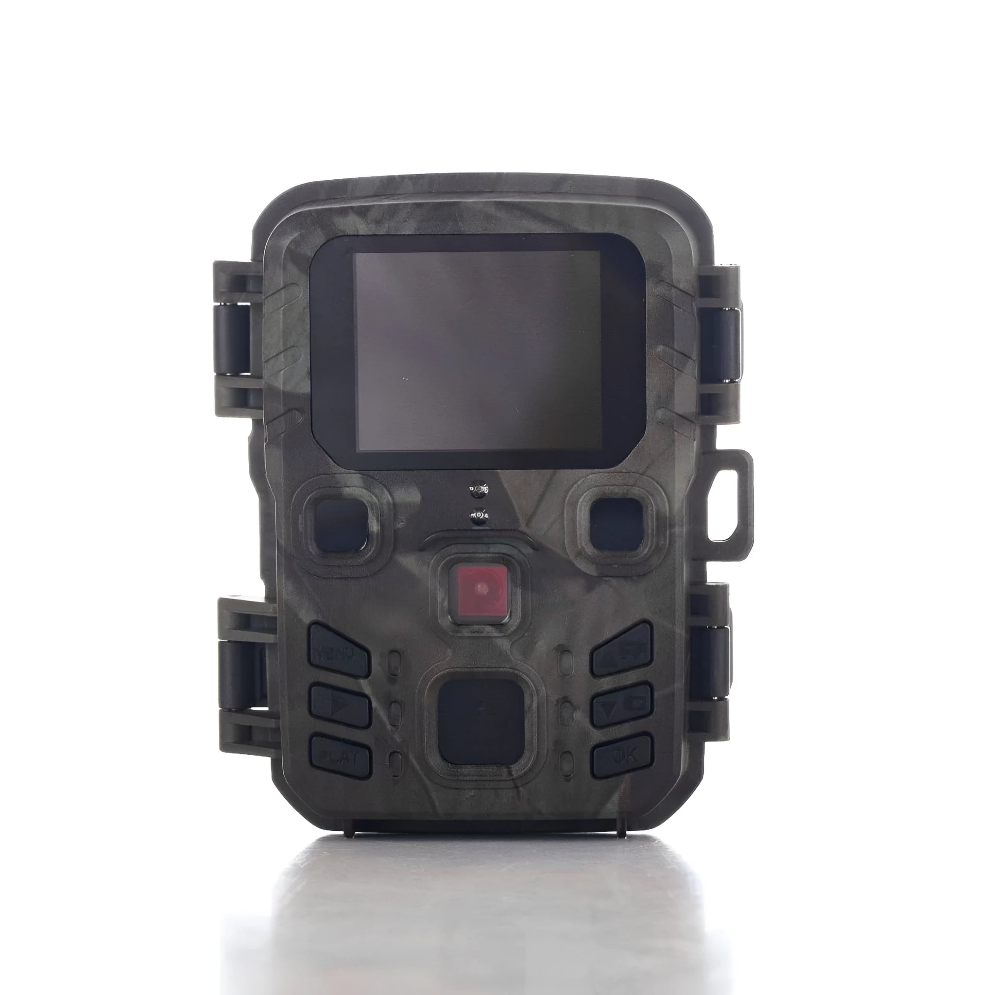 Black plastic infrared night vision security monitoring device with camera lens.