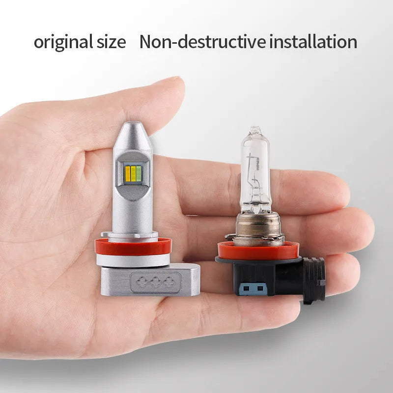 A single LED fog lamp replacement bulb with an aluminium housing, shown alongside compatible fitment codes H8, H9, H11, 9005, 9006.