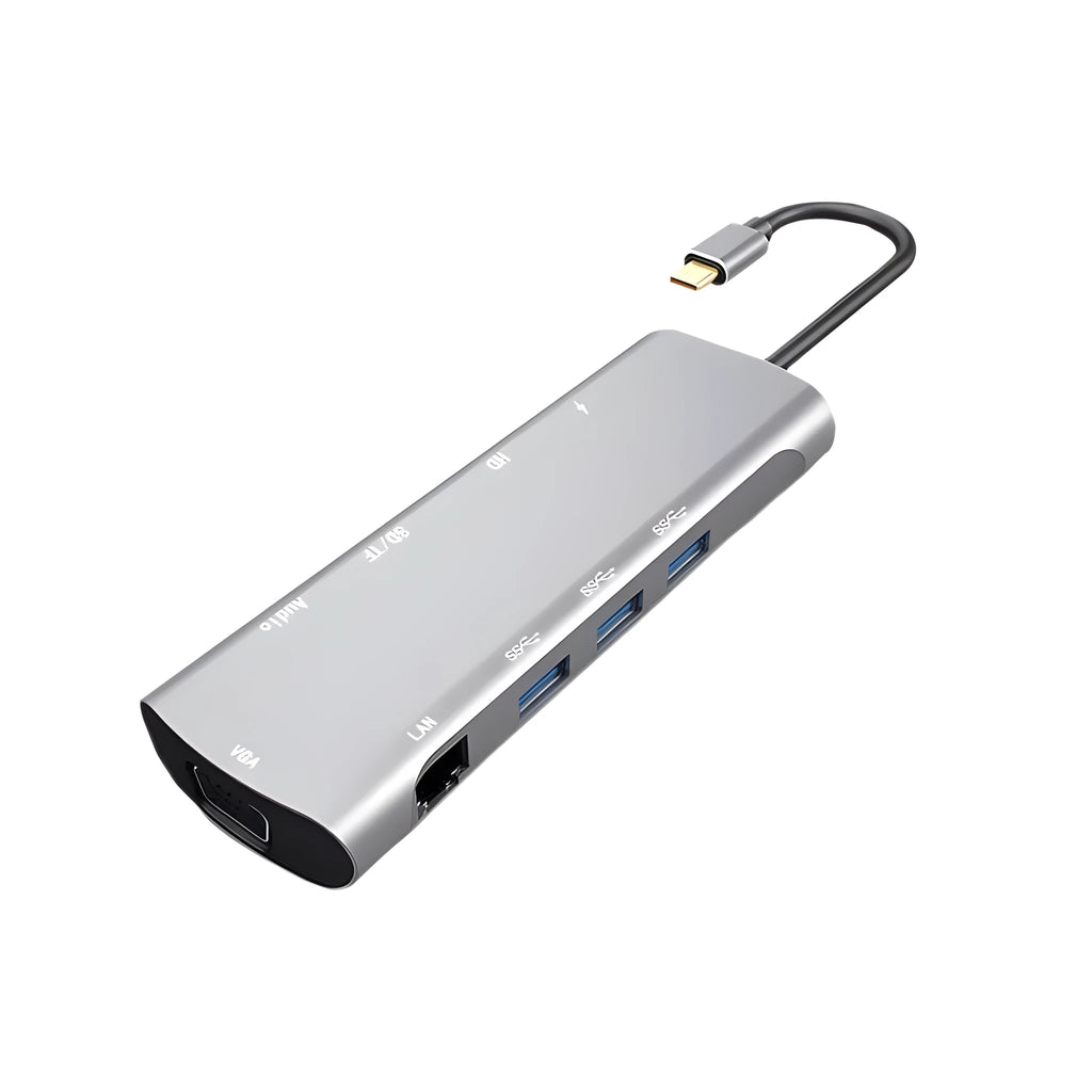 Grey aluminium USB-C docking station with HDMI, VGA, USB ports and a short connecting cable